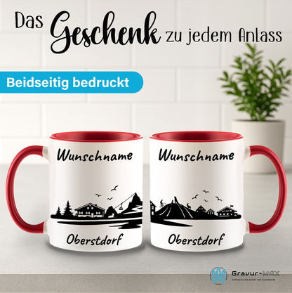 Tasse in Rot 330ml bedruckt mit der Skyline von Oberstdorf personalisierbar mit Wunschname
