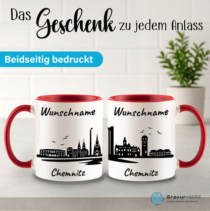 Tasse in Rot 330ml bedruckt mit der Skyline von Chemnitz personalisierbar mit Wunschname