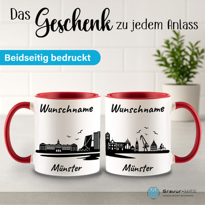 Tasse in Rot 330ml bedruckt mit der Skyline von Münster personalisierbar mit Wunschname