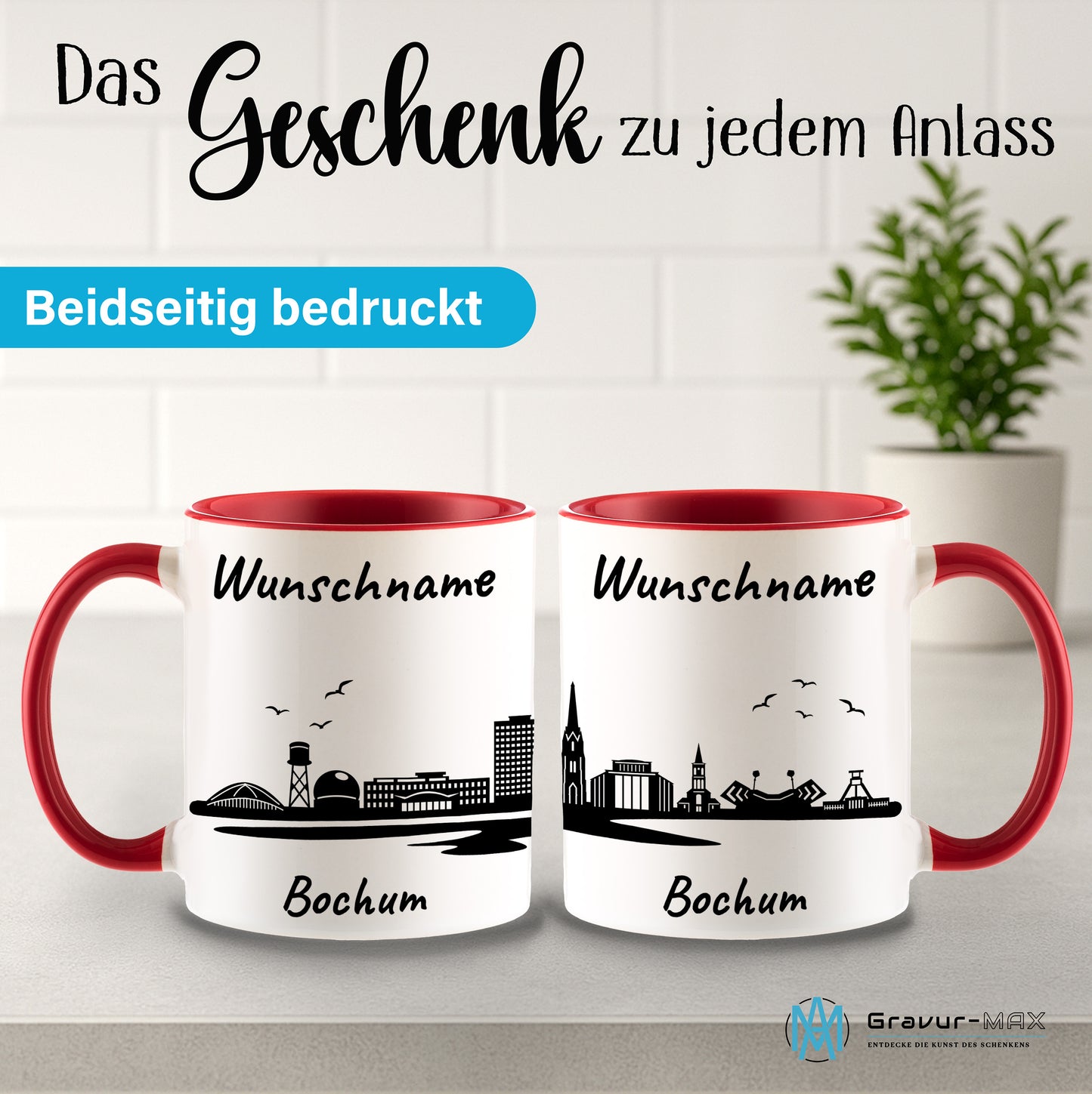 Tasse in Rot 330ml bedruckt mit der Skyline von Bochum personalisierbar mit Wunschname