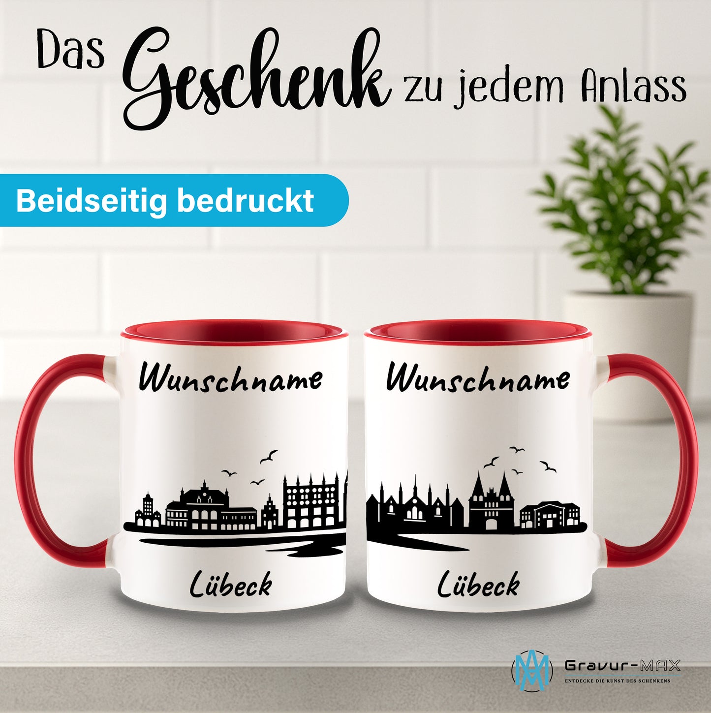 Tasse in Rot 330ml bedruckt mit der Skyline von Lübeck personalisierbar mit Wunschname