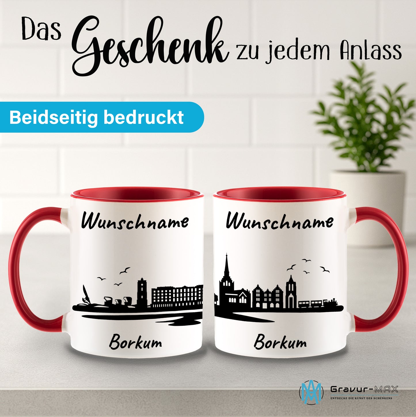 Tasse in Rot 330ml bedruckt mit der Skyline von Borkum personalisierbar mit Wunschname