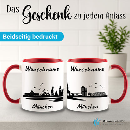 Tasse in Rot 330ml bedruckt mit der Skyline von München personalisierbar mit Wunschname