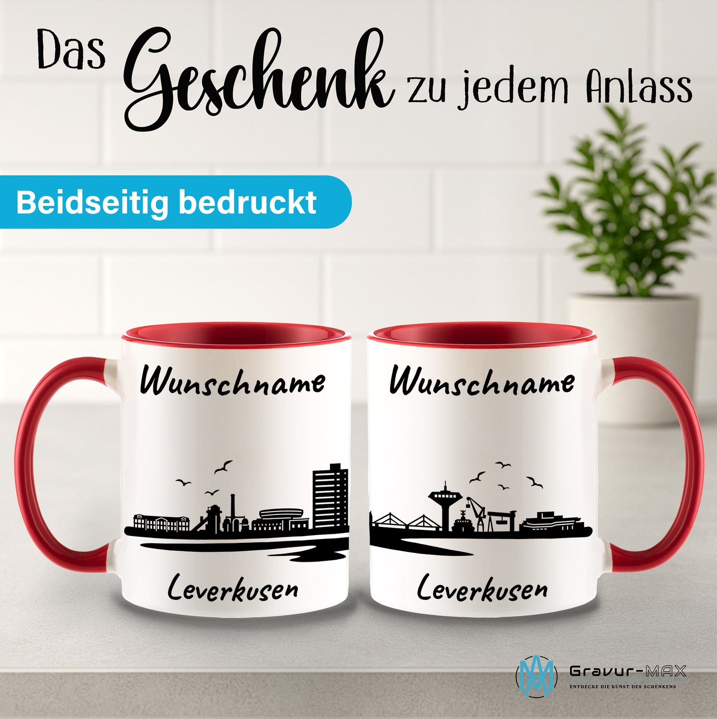 Tasse in Rot 330ml bedruckt mit der Skyline von Leverkusen personalisierbar mit Wunschname