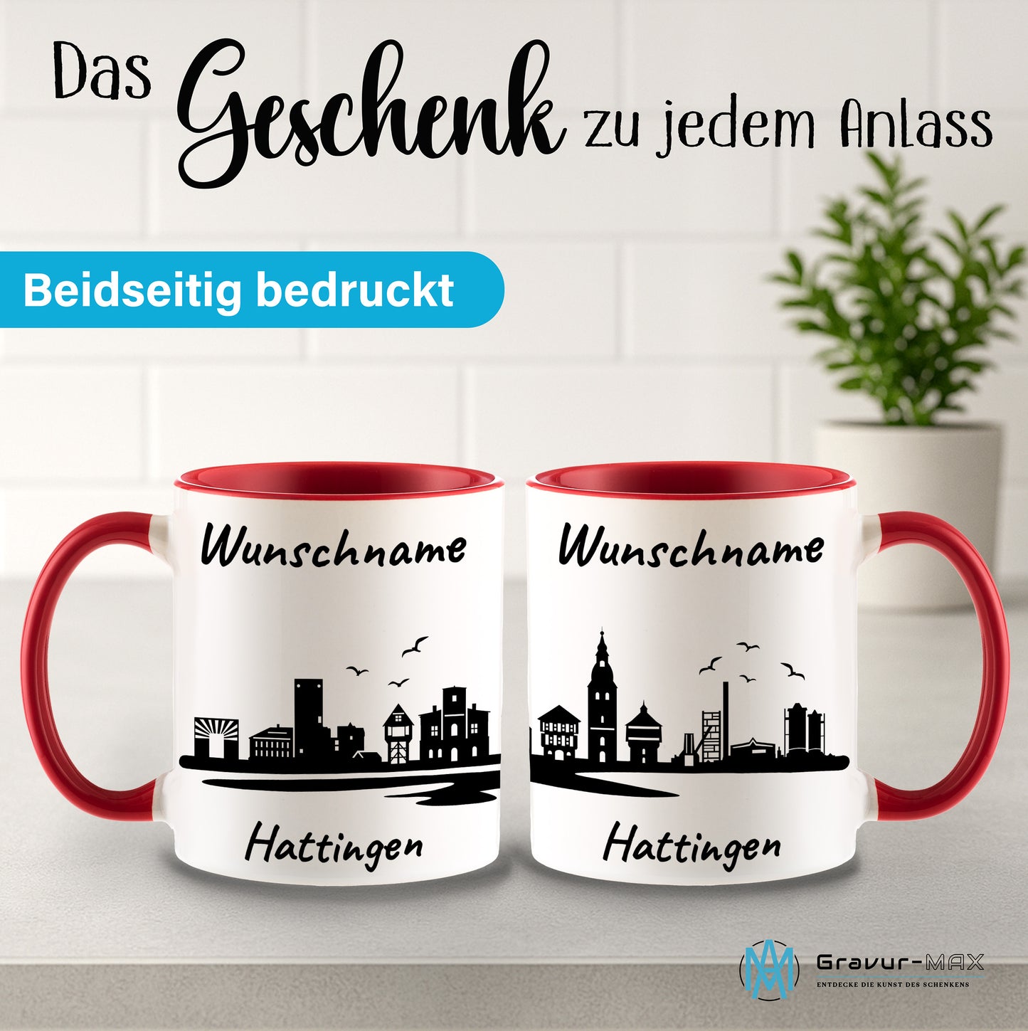 Tasse in Rot 330ml bedruckt mit der Skyline von Hattingen personalisierbar mit Wunschname
