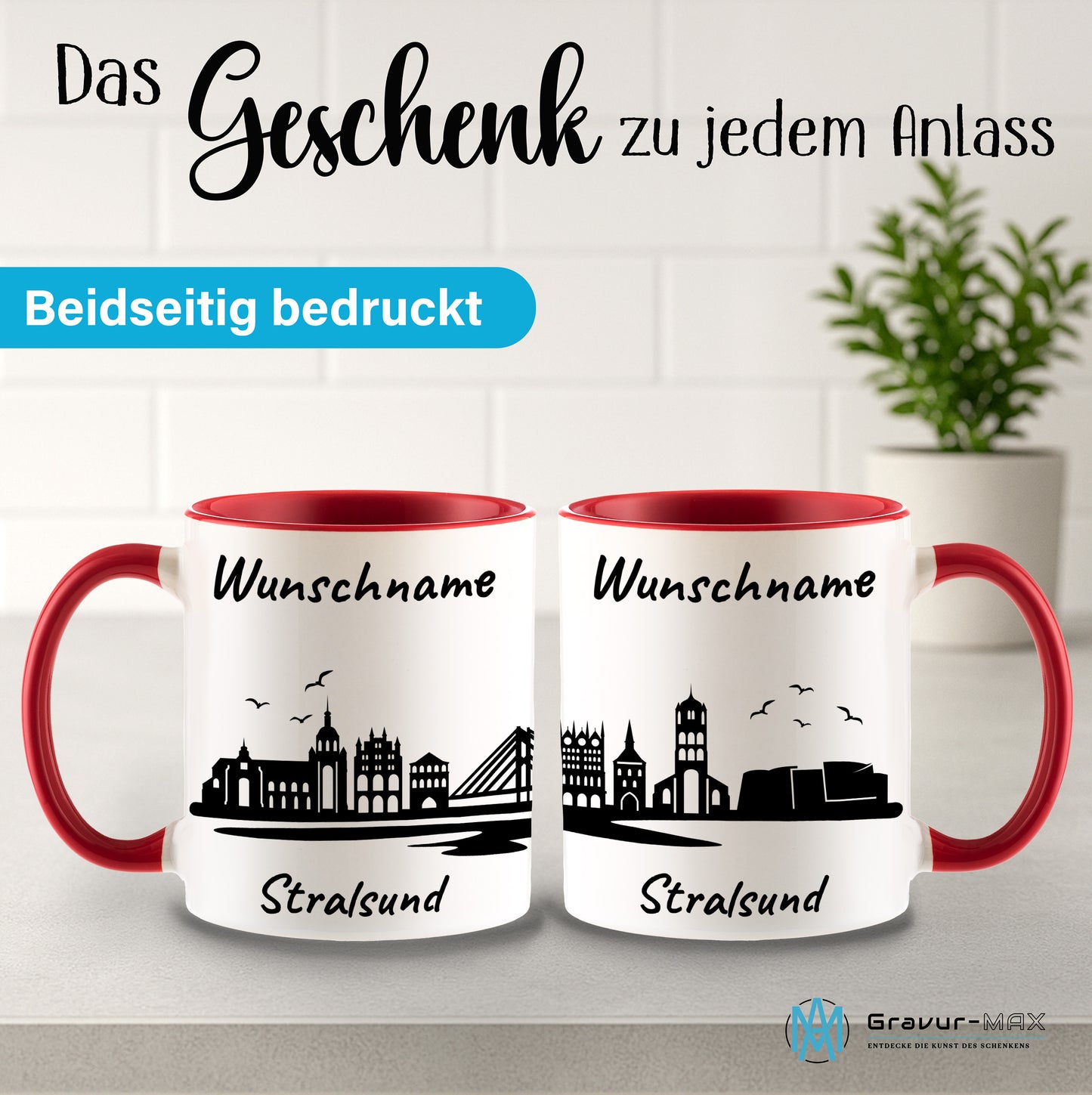 Tasse in Rot 330ml bedruckt mit der Skyline von Stralsund personalisierbar mit Wunschname
