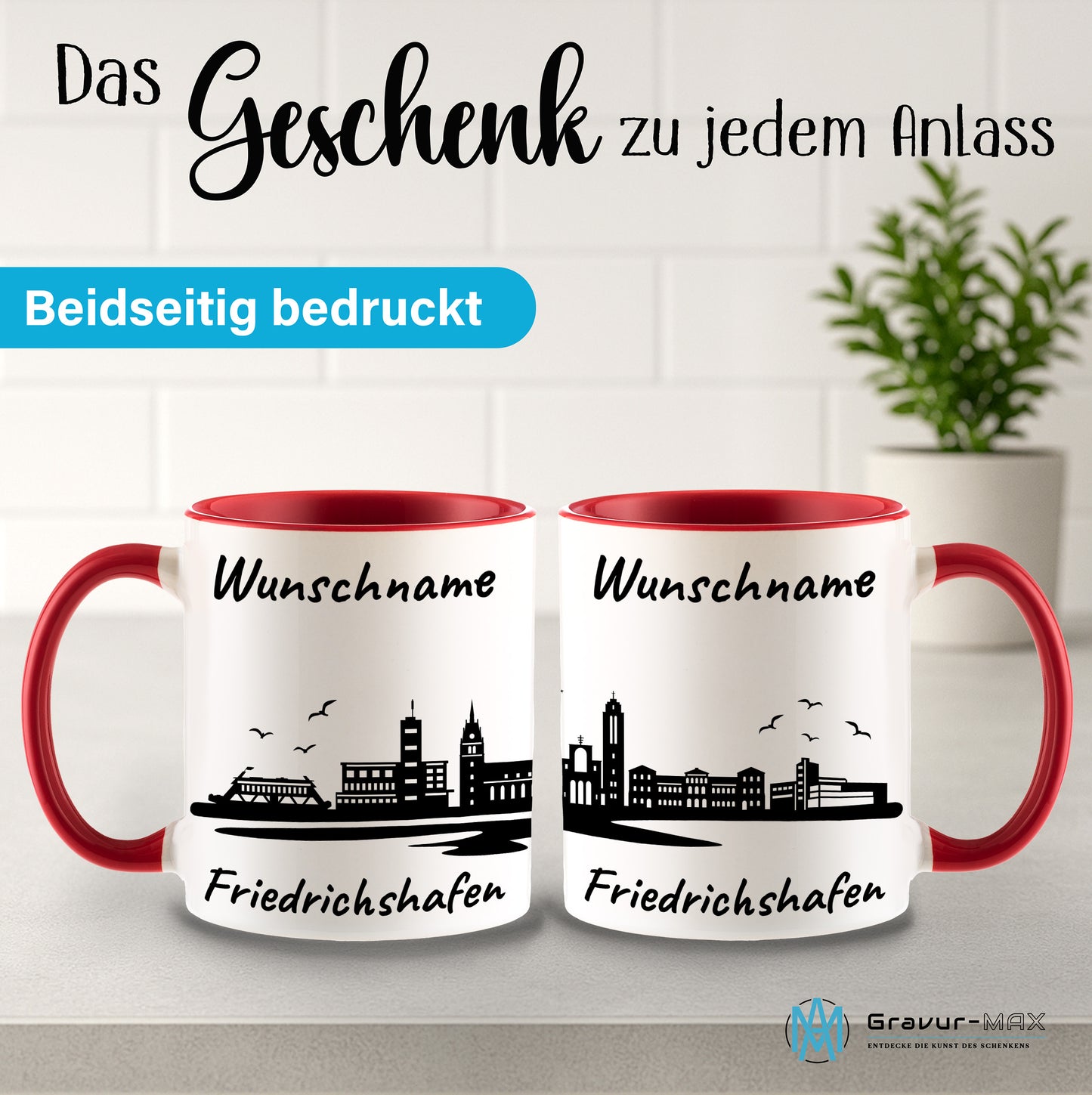 Tasse in Rot 330ml bedruckt mit der Skyline von Friedrichshafen personalisierbar mit Wunschname