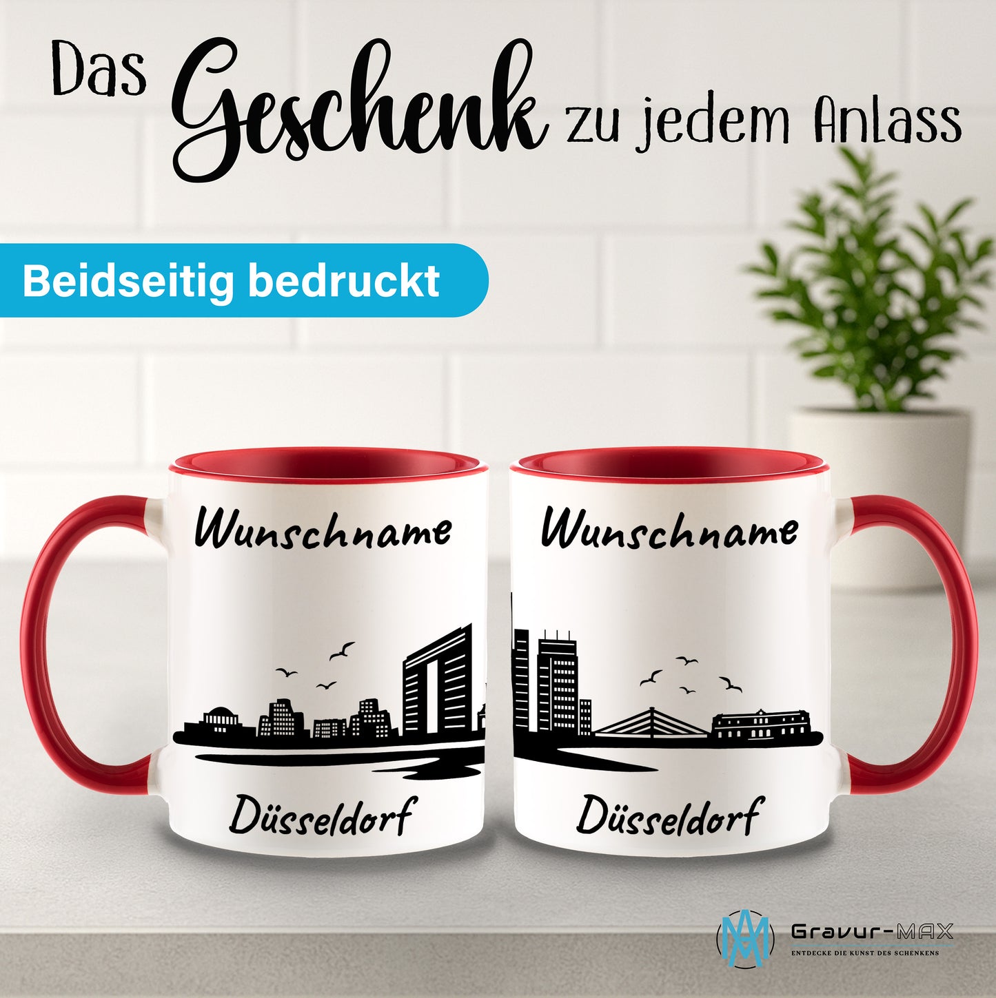Tasse in Rot 330ml bedruckt mit der Skyline von Düsseldorf personalisierbar mit Wunschname