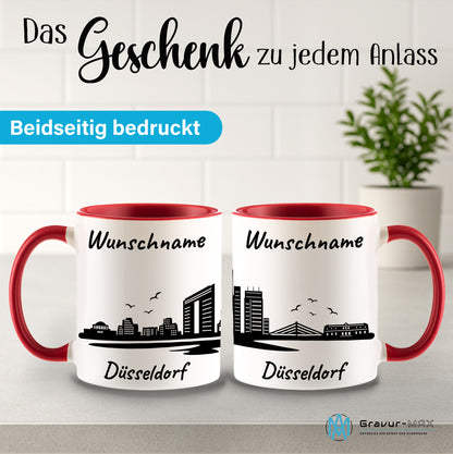 Tasse in Rot 330ml bedruckt mit der Skyline von Düsseldorf personalisierbar mit Wunschname