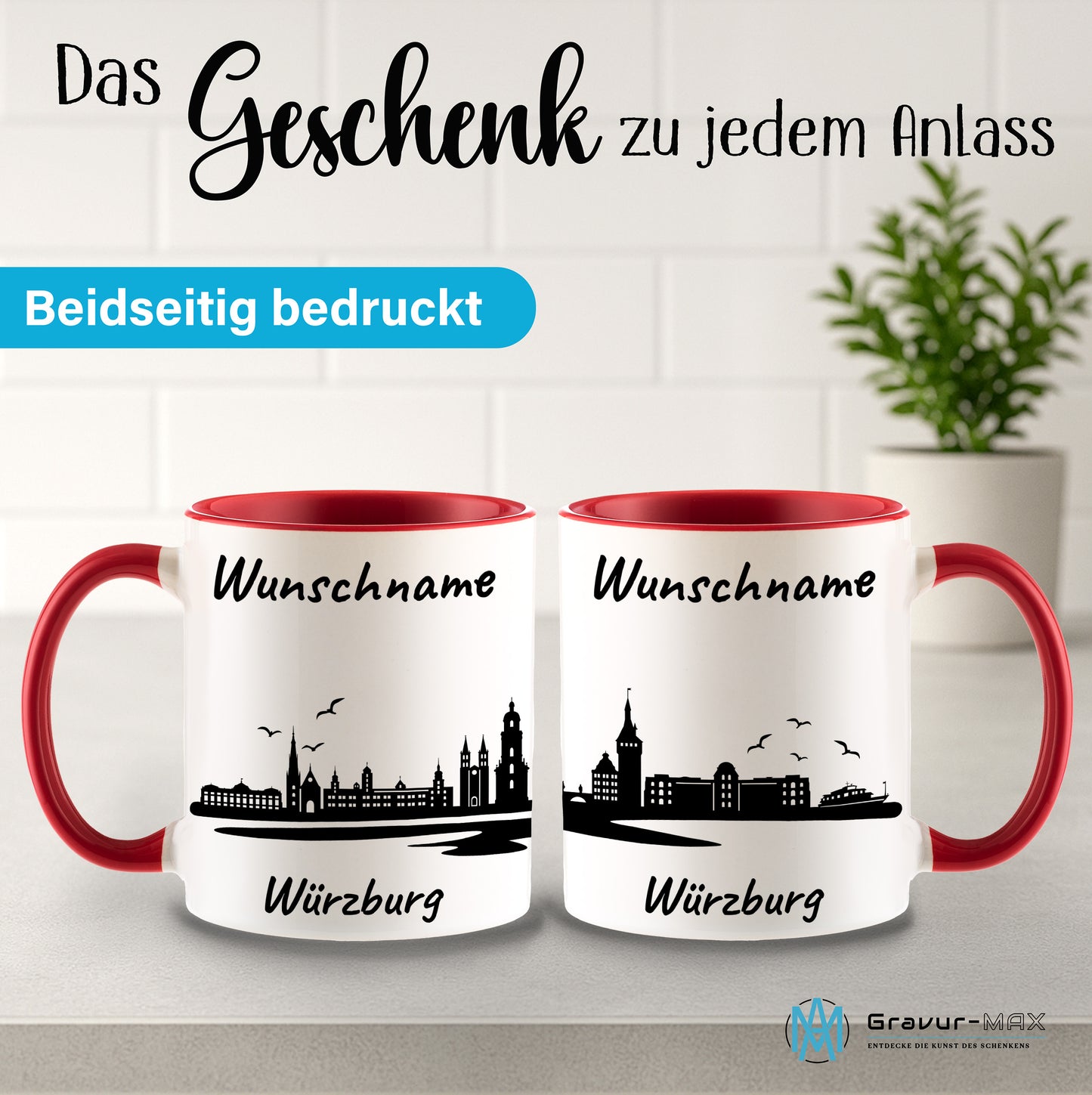 Tasse in Rot 330ml bedruckt mit der Skyline von Würzburg personalisierbar mit Wunschname