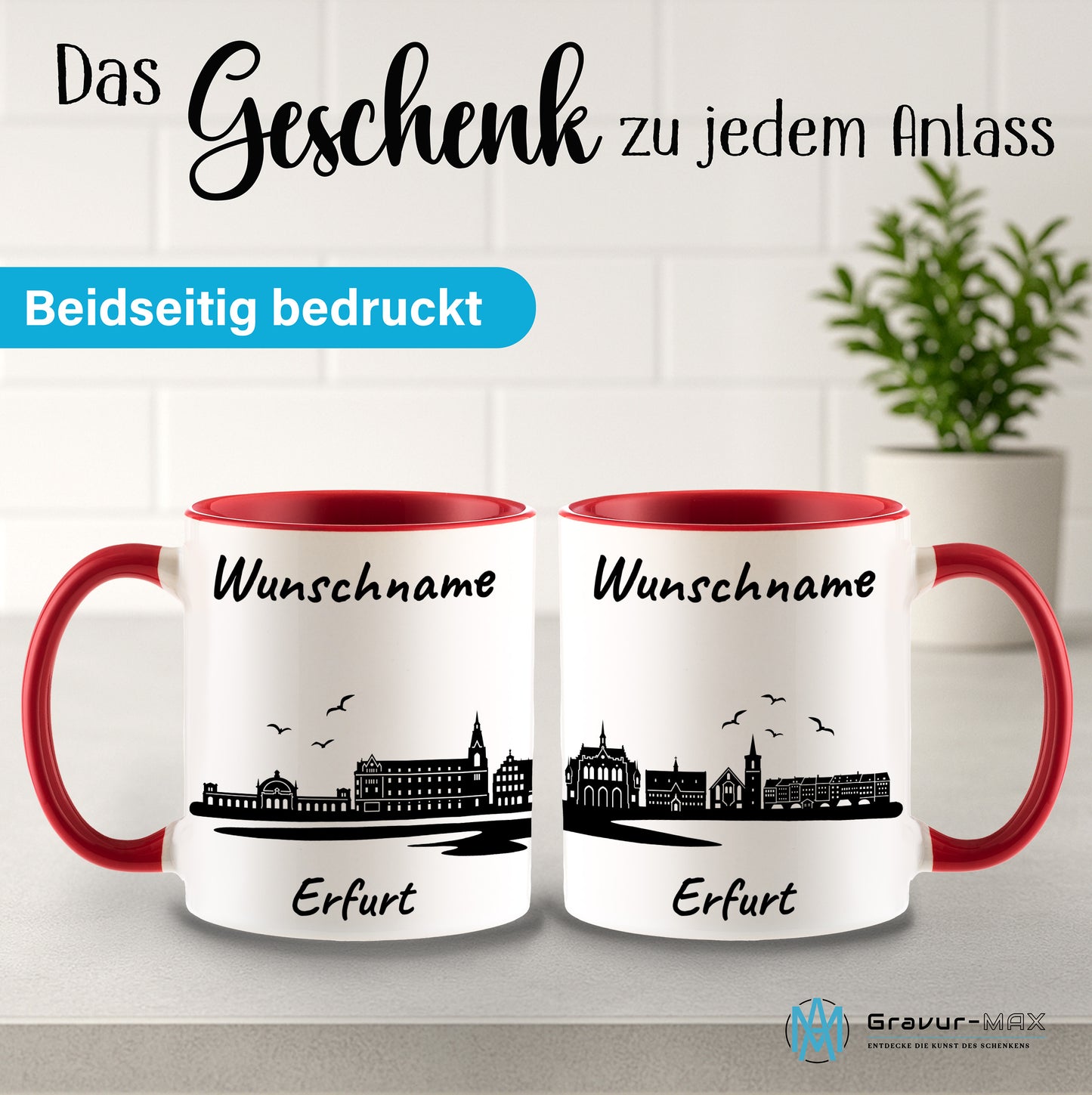 Tasse in Rot 330ml bedruckt mit der Skyline von Erfurt personalisierbar mit Wunschname