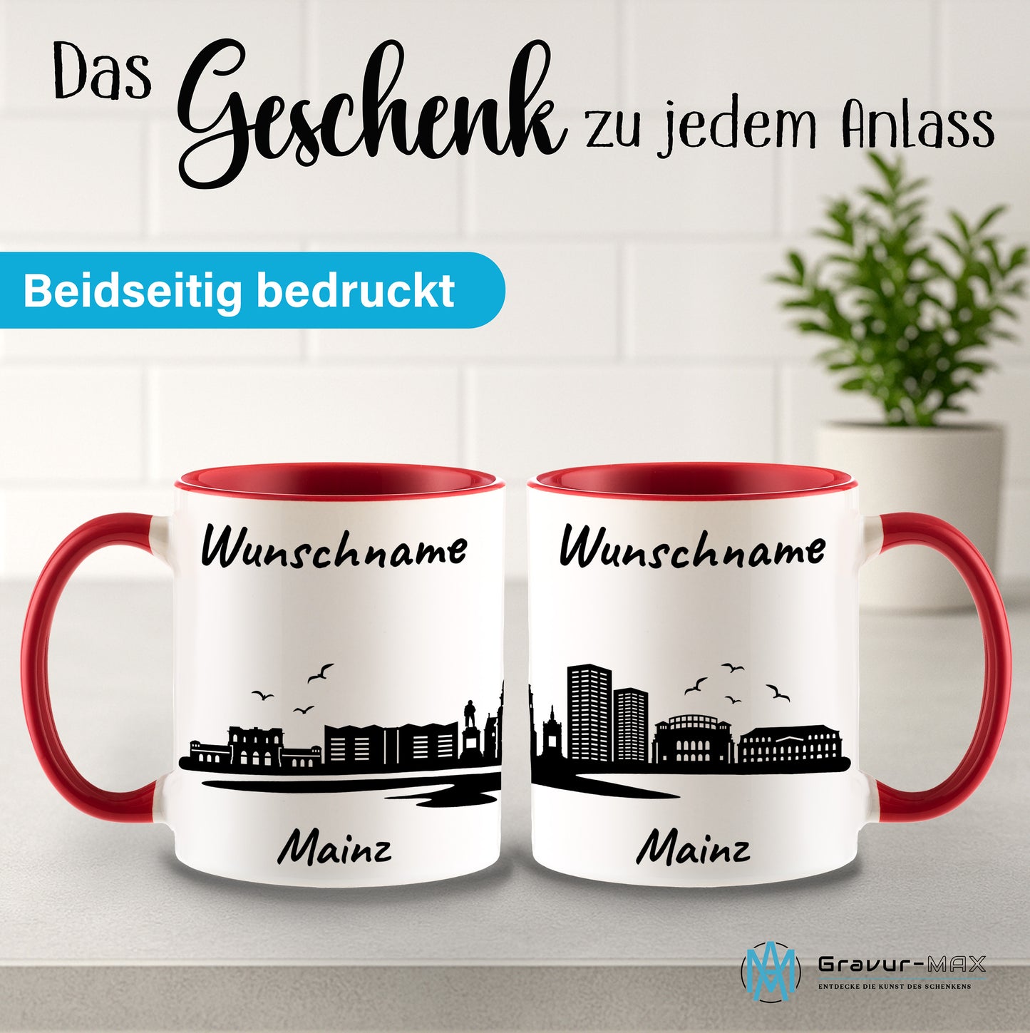 Tasse in Rot 330ml bedruckt mit der Skyline von Mainz personalisierbar mit Wunschname