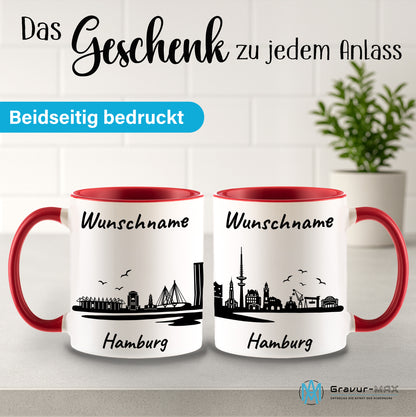 Tasse in Rot 330ml bedruckt mit der Skyline von Hamburg personalisierbar mit Wunschname