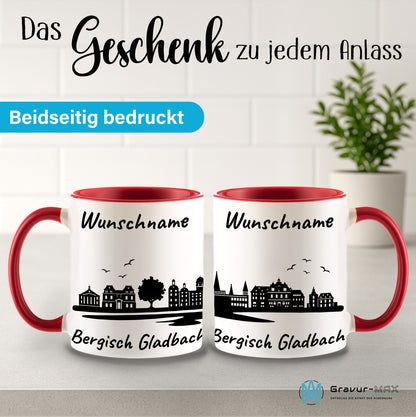 Tasse in Rot 330ml bedruckt mit der Skyline von Bergisch Gladbach personalisierbar mit Wunschname