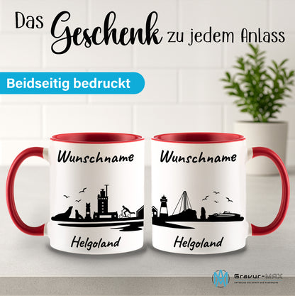 Tasse in Rot 330ml bedruckt mit der Skyline von Helgoland personalisierbar mit Wunschname