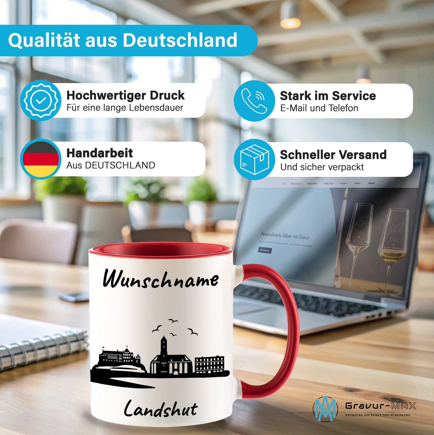 Tasse in Rot 330ml bedruckt mit der Skyline von Landshut personalisierbar mit Wunschname