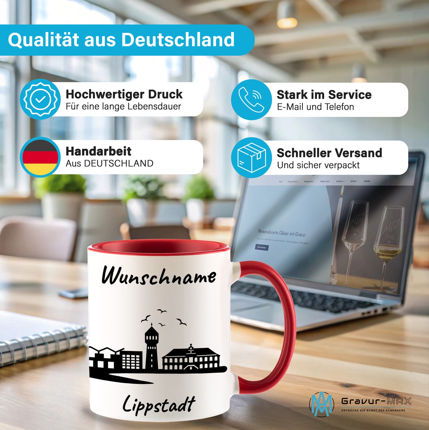 Tasse in Rot 330ml bedruckt mit der Skyline von Lippstadt personalisierbar mit Wunschname