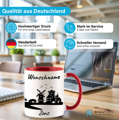 Tasse in Rot 330ml bedruckt mit der Skyline von Zons (Dormagen) personalisierbar mit Wunschname