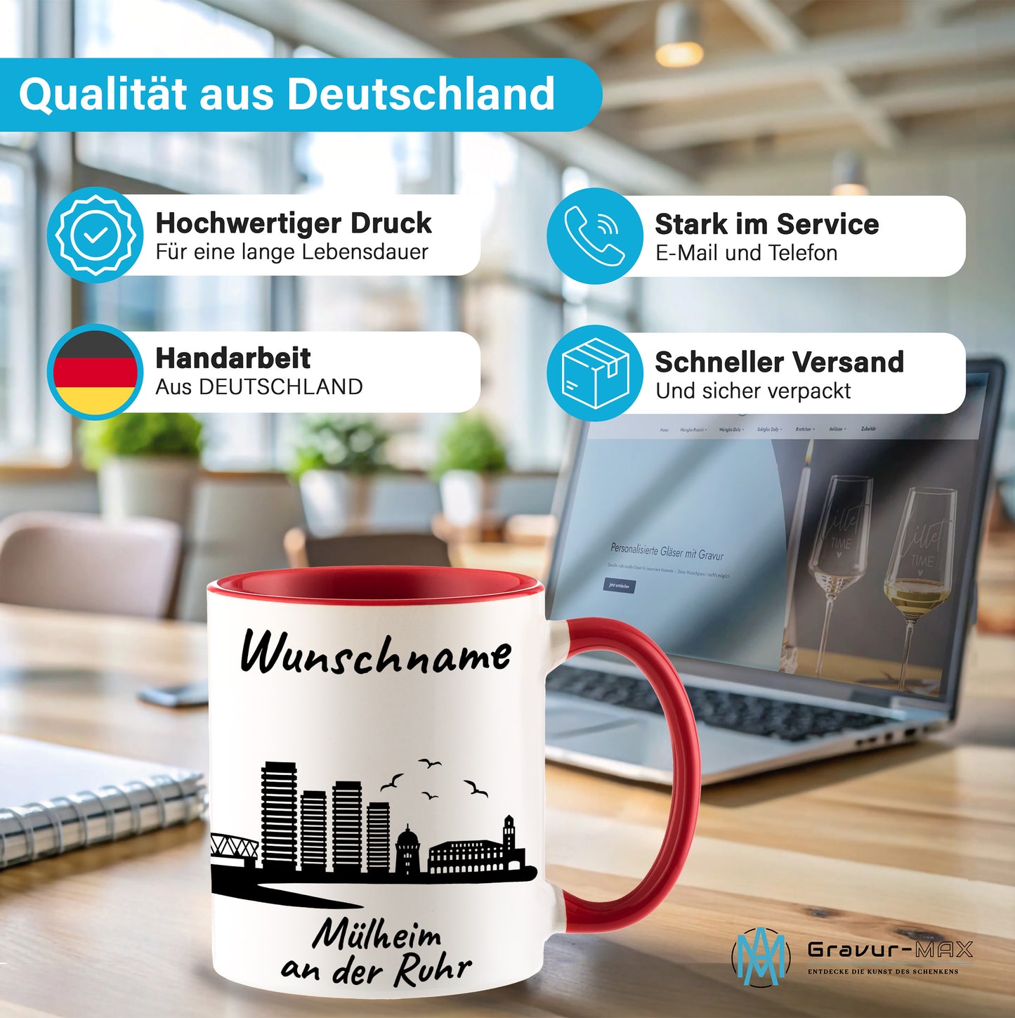 Tasse in Rot 330ml bedruckt mit der Skyline von Mülheim an der Ruhr personalisierbar mit Wunschname