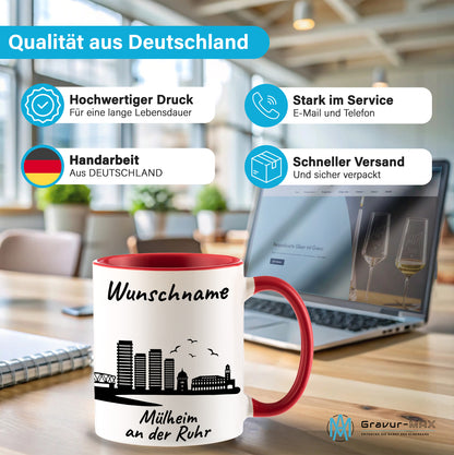 Tasse in Rot 330ml bedruckt mit der Skyline von Mülheim an der Ruhr personalisierbar mit Wunschname
