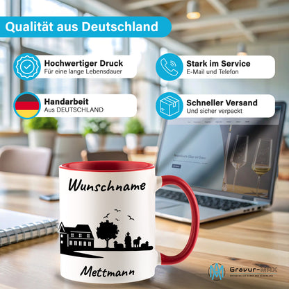 Tasse in Rot 330ml bedruckt mit der Skyline von Mettmann personalisierbar mit Wunschname
