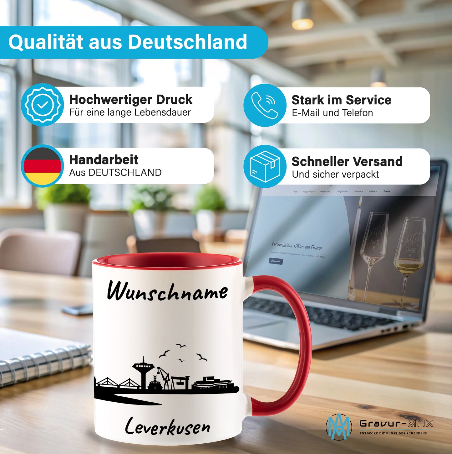 Tasse in Rot 330ml bedruckt mit der Skyline von Leverkusen personalisierbar mit Wunschname
