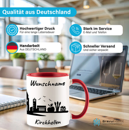 Tasse in Rot 330ml bedruckt mit der Skyline von Kirchhellen personalisierbar mit Wunschname