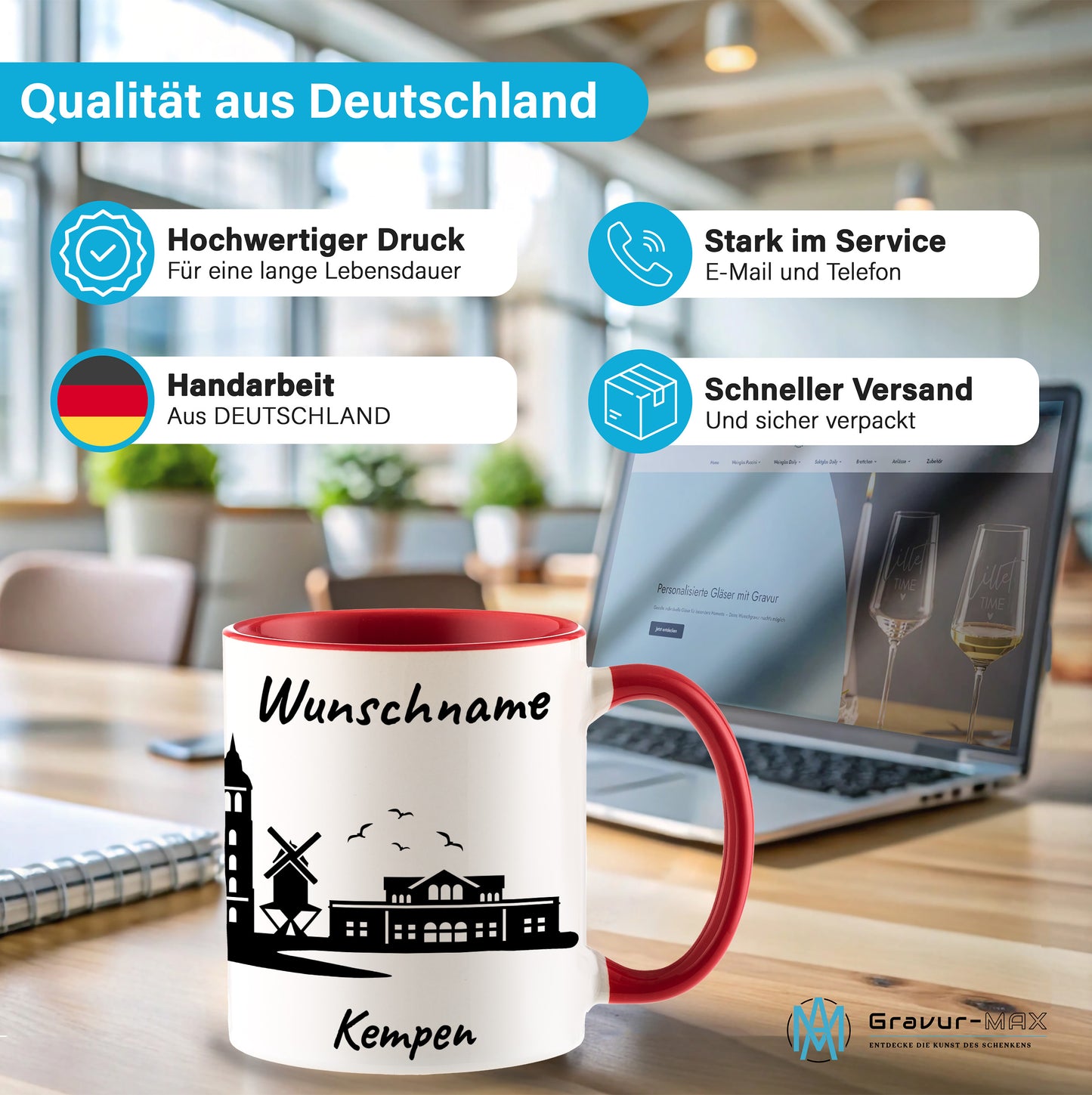 Tasse in Rot 330ml bedruckt mit der Skyline von Kempen personalisierbar mit Wunschname