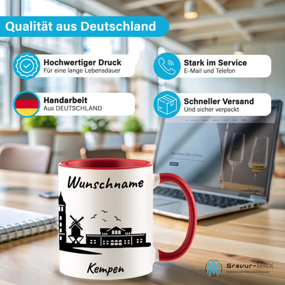 Tasse in Rot 330ml bedruckt mit der Skyline von Kempen personalisierbar mit Wunschname