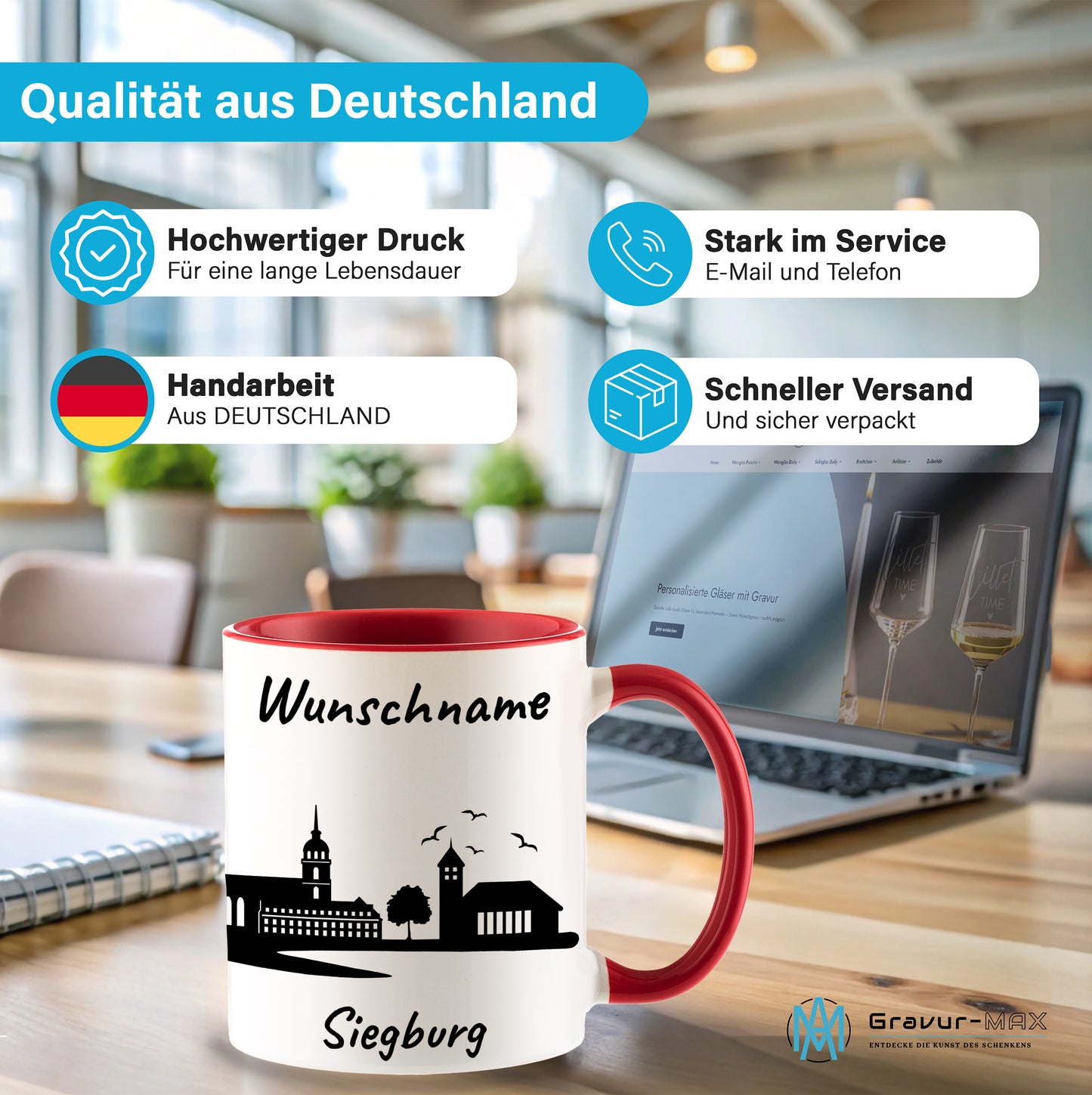 Tasse in Rot 330ml bedruckt mit der Skyline von Siegburg personalisierbar mit Wunschname