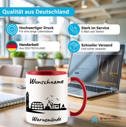 Tasse in Rot 330ml bedruckt mit der Skyline von Warnemünde personalisierbar mit Wunschname