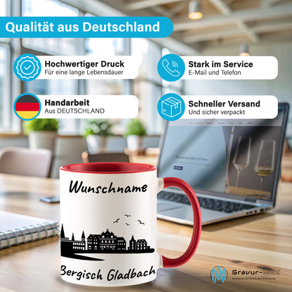 Tasse in Rot 330ml bedruckt mit der Skyline von Bergisch Gladbach personalisierbar mit Wunschname