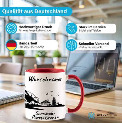 Tasse in Rot 330ml bedruckt mit der Skyline von Garmisch-Partenkirchen personalisierbar mit Wunschname