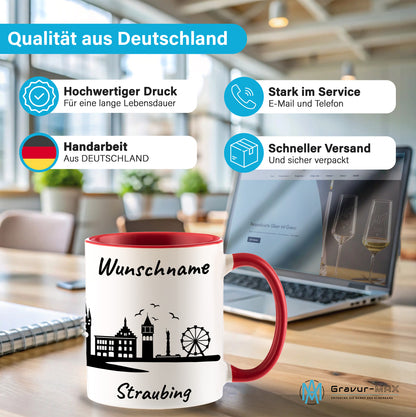 Tasse in Rot 330ml bedruckt mit der Skyline von Straubing personalisierbar mit Wunschname