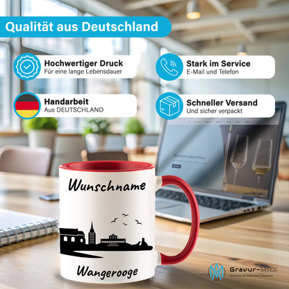 Tasse in Rot 330ml bedruckt mit der Skyline von Wangerooge personalisierbar mit Wunschname