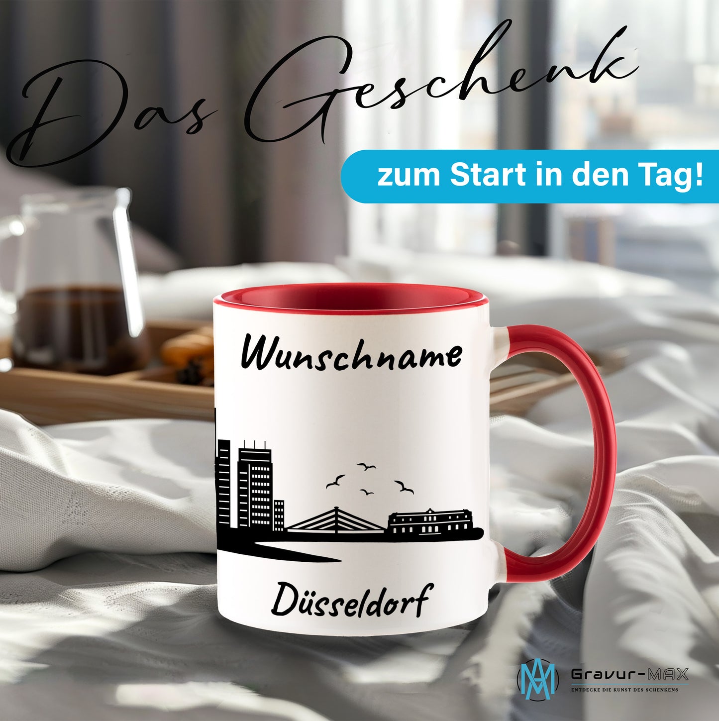 Tasse in Rot 330ml bedruckt mit der Skyline von Düsseldorf personalisierbar mit Wunschname