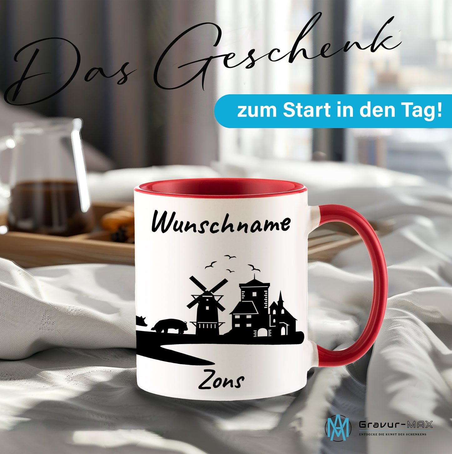 Tasse in Rot 330ml bedruckt mit der Skyline von Zons (Dormagen) personalisierbar mit Wunschname
