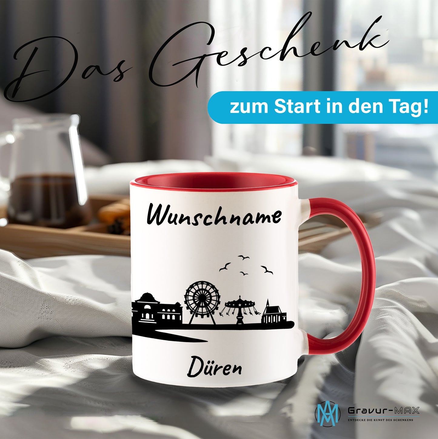 Tasse in Rot 330ml bedruckt mit der Skyline von Düren personalisierbar mit Wunschname