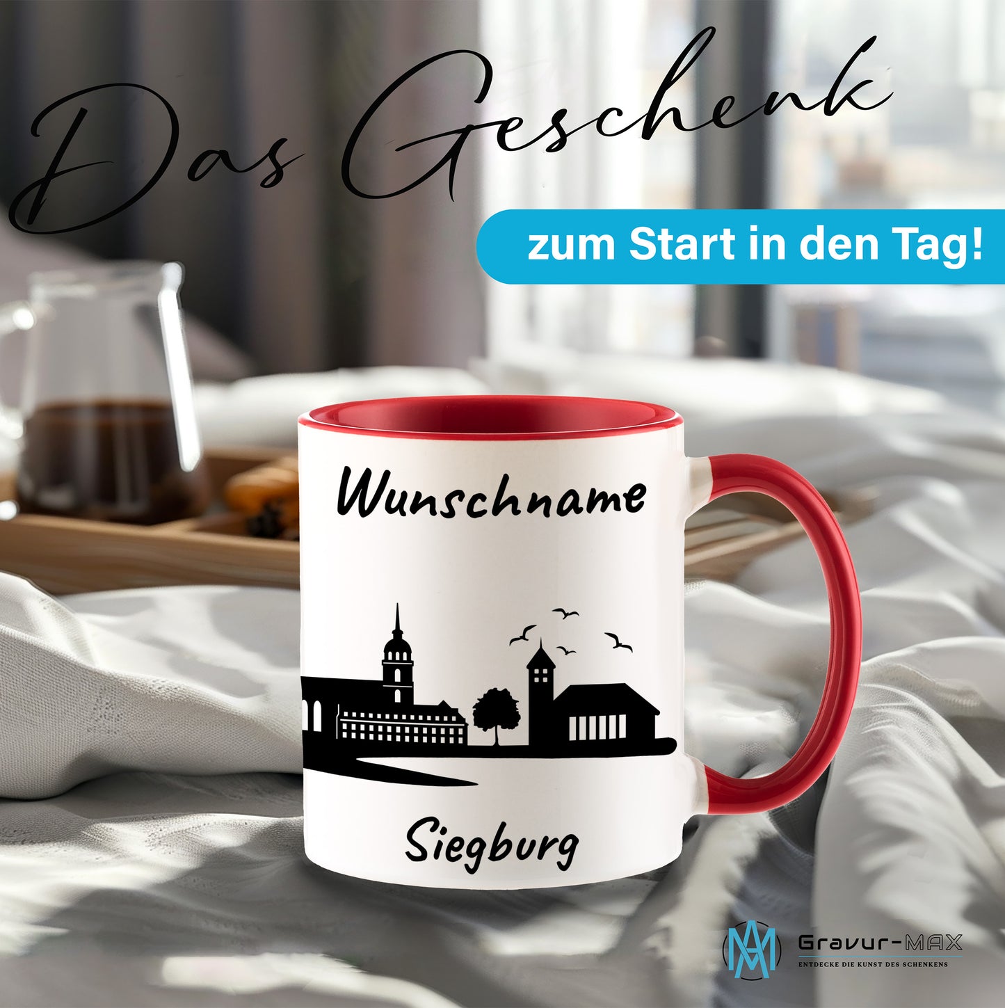 Tasse in Rot 330ml bedruckt mit der Skyline von Siegburg personalisierbar mit Wunschname