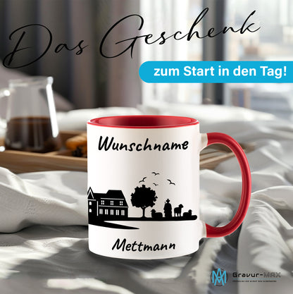 Tasse in Rot 330ml bedruckt mit der Skyline von Mettmann personalisierbar mit Wunschname