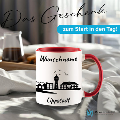 Tasse in Rot 330ml bedruckt mit der Skyline von Lippstadt personalisierbar mit Wunschname