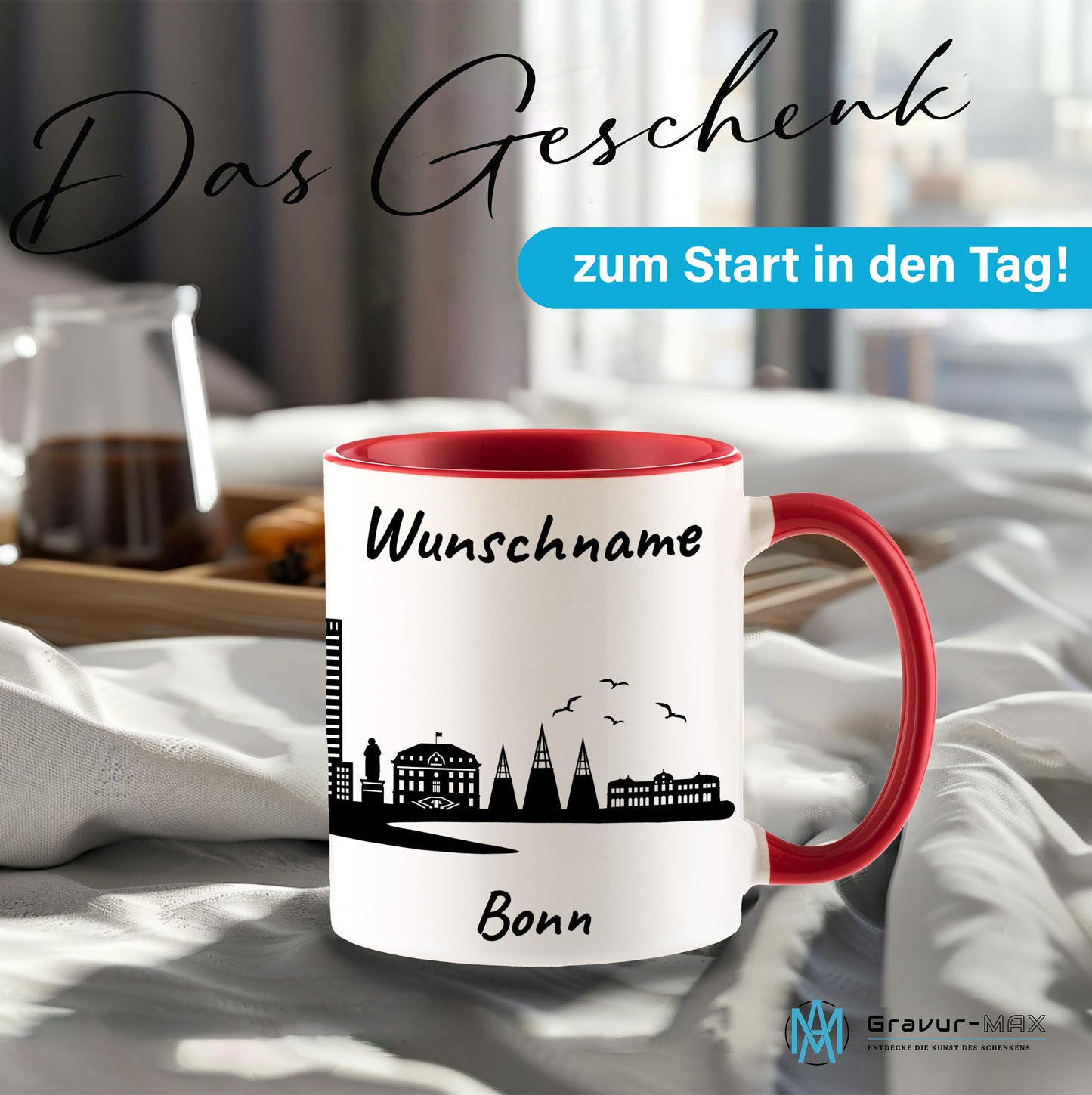 Tasse in Rot 330ml bedruckt mit der Skyline von Bonn personalisierbar mit Wunschname