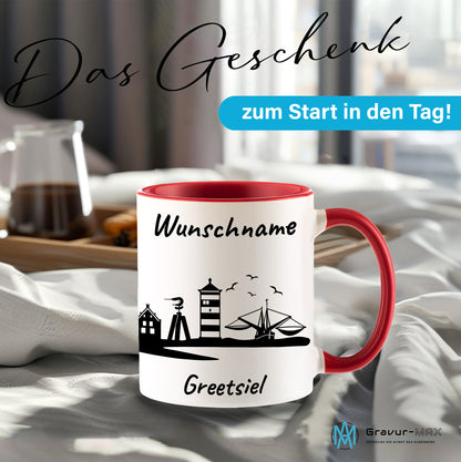 Tasse in Rot 330ml bedruckt mit der Skyline von Greetsiel personalisierbar mit Wunschname