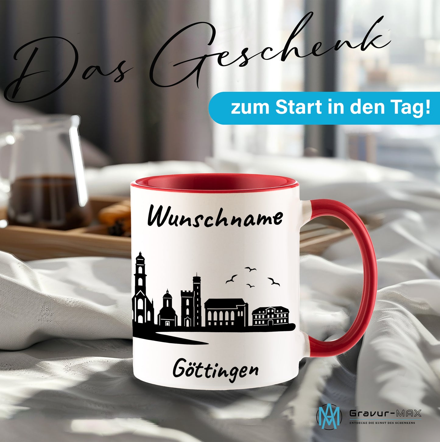 Tasse in Rot 330ml bedruckt mit der Skyline von Göttingen personalisierbar mit Wunschname