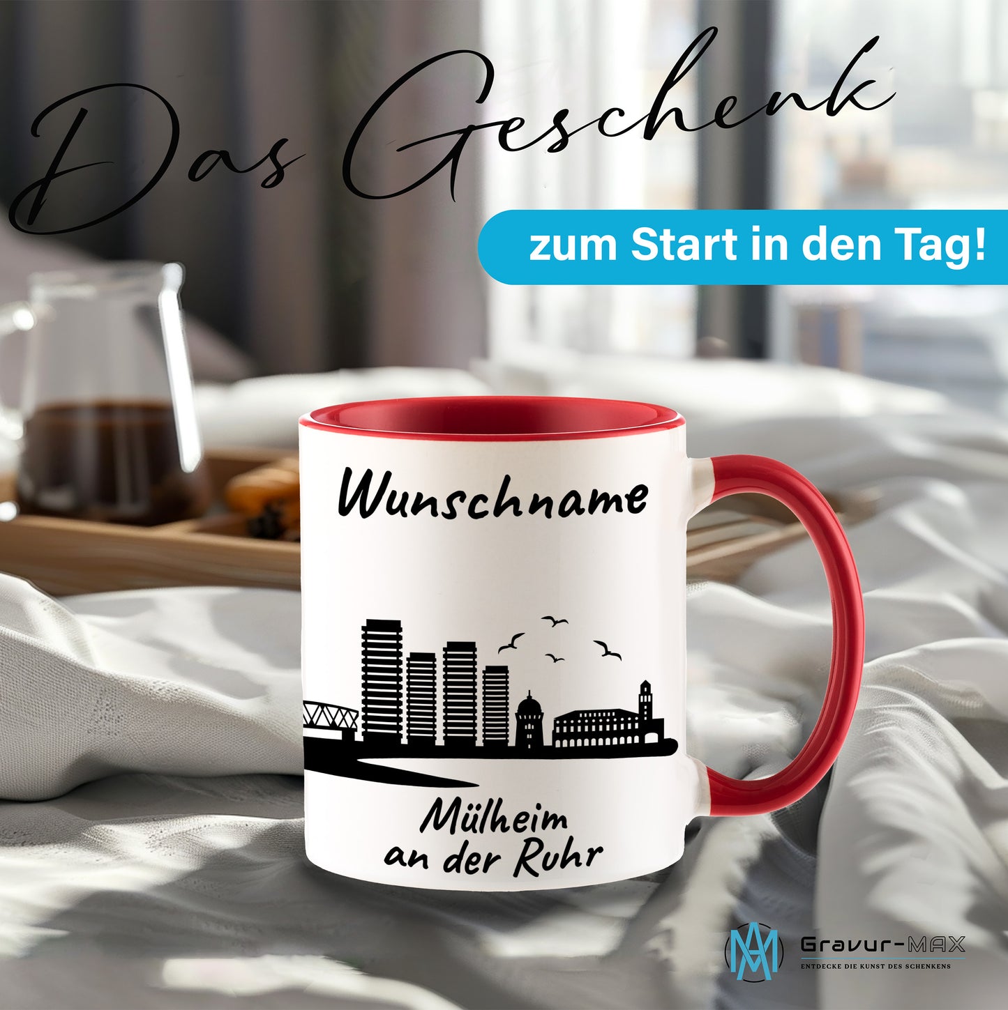 Tasse in Rot 330ml bedruckt mit der Skyline von Mülheim an der Ruhr personalisierbar mit Wunschname