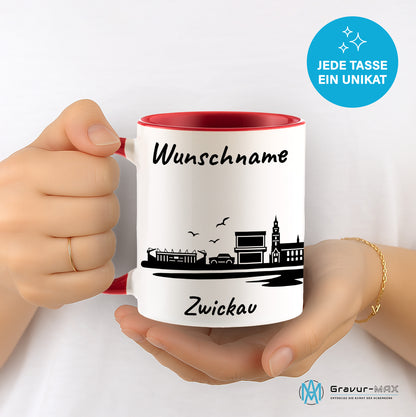 Tasse in Rot 330ml bedruckt mit der Skyline von Zwickau personalisierbar mit Wunschname