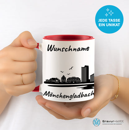 Tasse in Rot 330ml bedruckt mit der Skyline von Mönchengladbach personalisierbar mit Wunschname