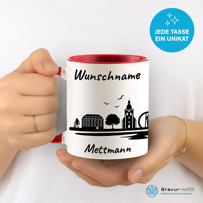 Tasse in Rot 330ml bedruckt mit der Skyline von Mettmann personalisierbar mit Wunschname