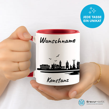 Tasse in Rot 330ml bedruckt mit der Skyline von Konstanz personalisierbar mit Wunschname