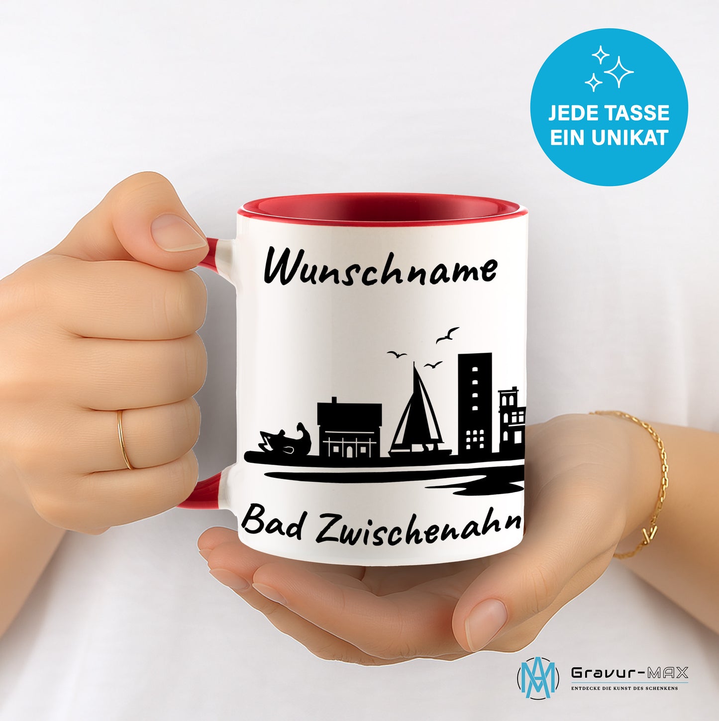 Tasse in Rot 330ml bedruckt mit der Skyline von Bad Zwischenahn personalisierbar mit Wunschname